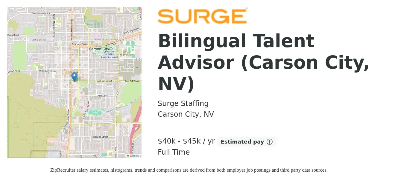 Surge Staffing job posting for a Bilingual Talent Advisor (Carson City, NV) in Carson City, NV with a salary of $40,000 to $45,000 Yearly with a map of Carson City location.