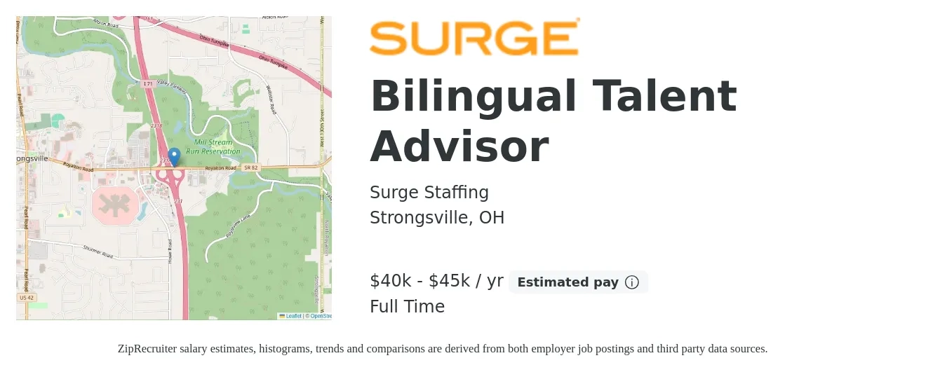 Surge Staffing job posting for a Bilingual Talent Advisor in Strongsville, OH with a salary of $40,000 to $45,000 Yearly with a map of Strongsville location.
