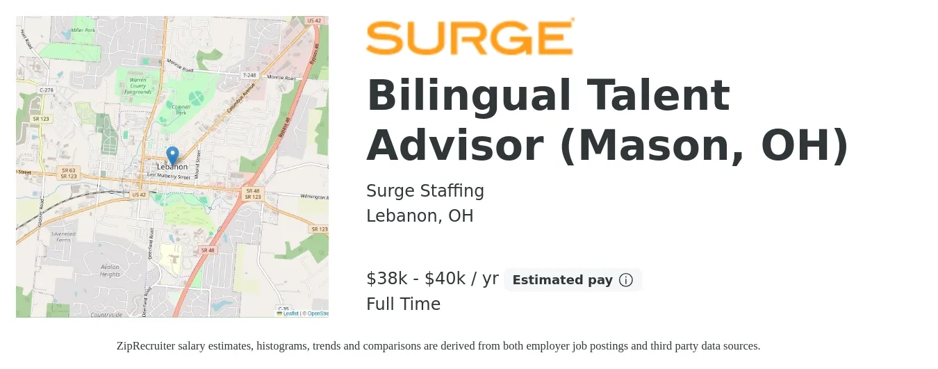 Surge Staffing job posting for a Bilingual Talent Advisor (Mason, OH) in Lebanon, OH with a salary of $38,000 to $40,000 Yearly with a map of Lebanon location.