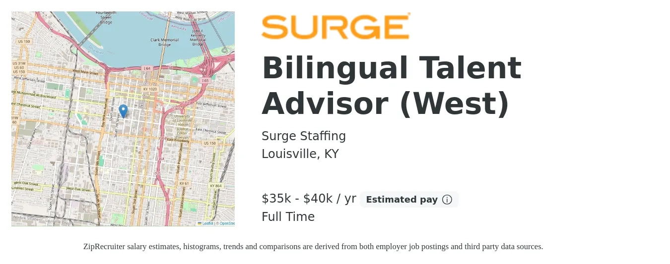 Surge Staffing job posting for a Bilingual Talent Advisor (West) in Louisville, KY with a salary of $35,000 to $40,000 Yearly with a map of Louisville location.