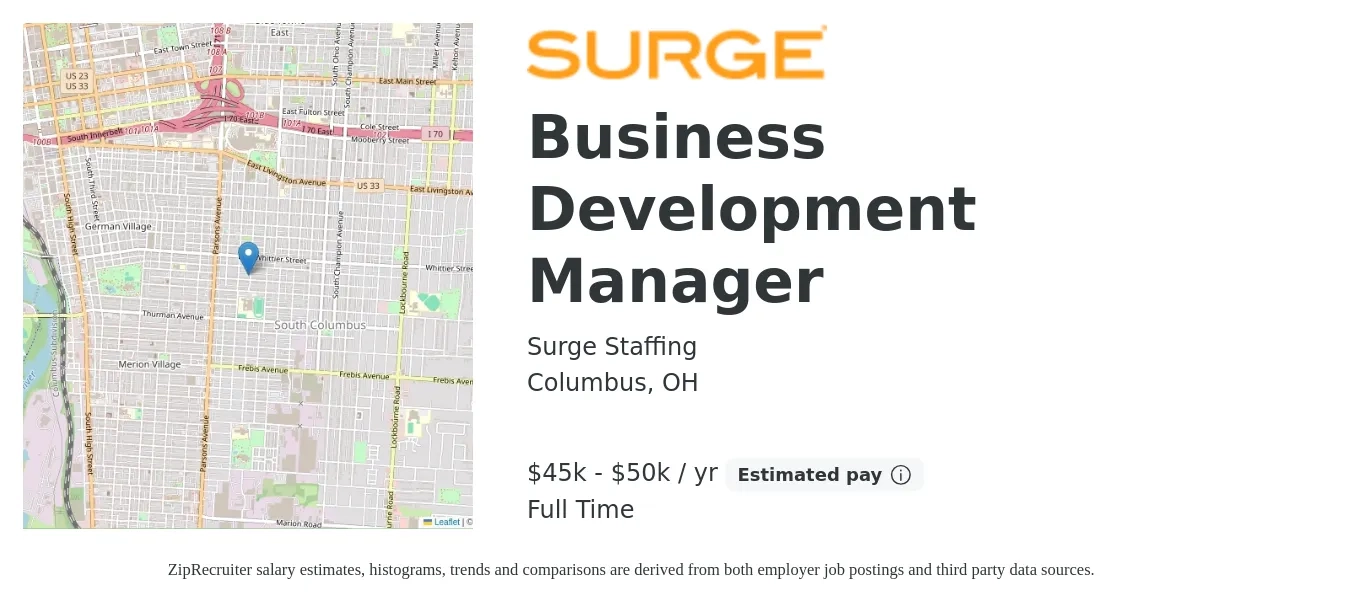 Surge Staffing job posting for a Business Development Manager in Columbus, OH with a salary of $58,900 to $96,600 Yearly and benefits including medical, pto, retirement, vision, dental, and life_insurance with a map of Columbus location.