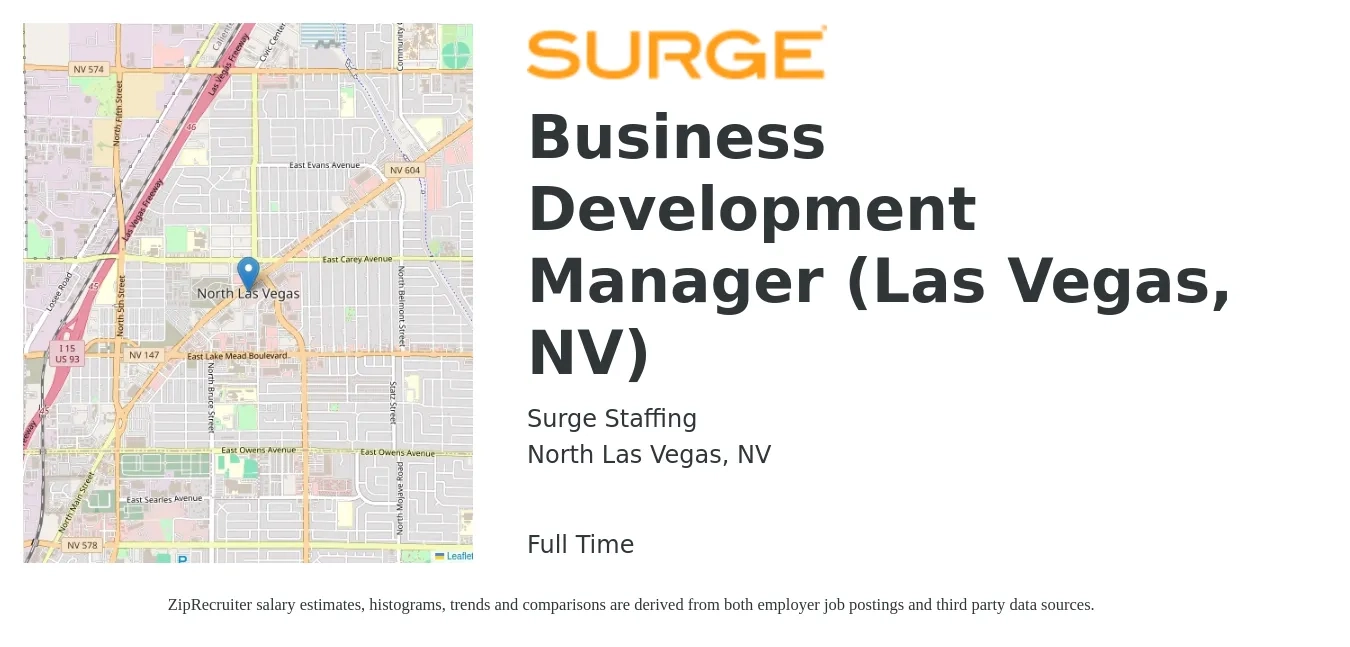 Surge Staffing job posting for a Business Development Manager (Las Vegas, NV) in North Las Vegas, NV with a salary of $56,700 to $93,000 Yearly with a map of North Las Vegas location.