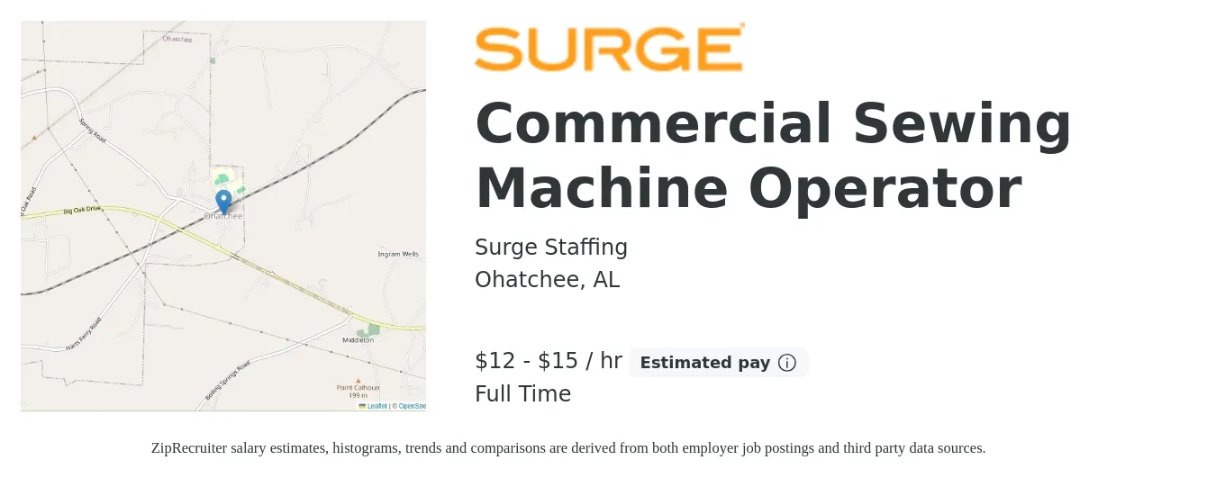 Surge Staffing job posting for a Commercial Sewing Machine Operator in Ohatchee, AL with a salary of $13 to $16 Hourly and benefits including dental, life_insurance, medical, pto, retirement, and vision with a map of Ohatchee location.