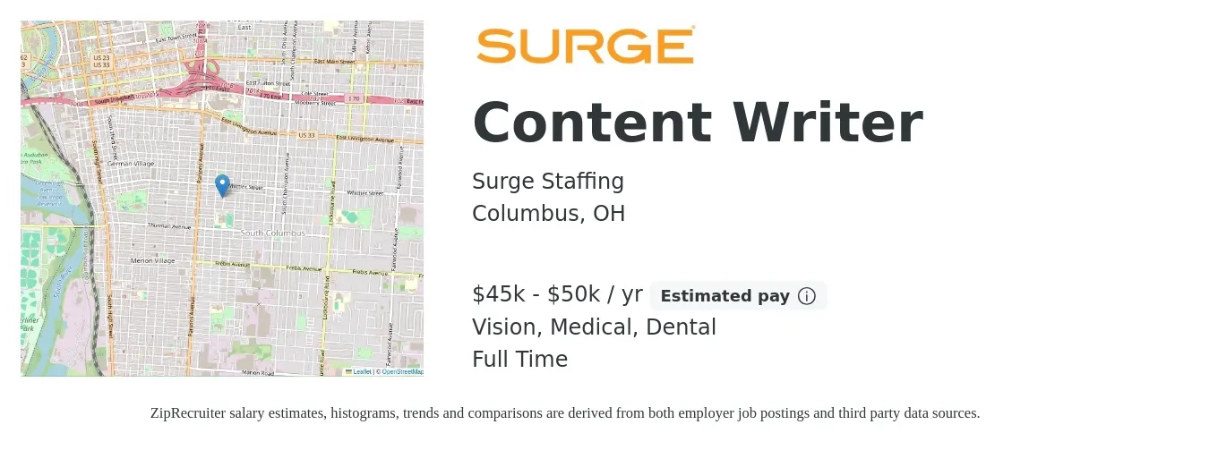 Surge Staffing job posting for a Content Writer in Columbus, OH with a salary of $45,000 to $50,000 Yearly and benefits including vision, dental, life_insurance, medical, and retirement with a map of Columbus location.