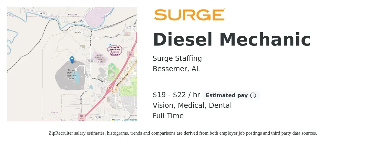 Surge Staffing job posting for a Diesel Mechanic in Bessemer, AL with a salary of $20 to $23 Hourly and benefits including pto, retirement, vision, dental, life_insurance, and medical with a map of Bessemer location.