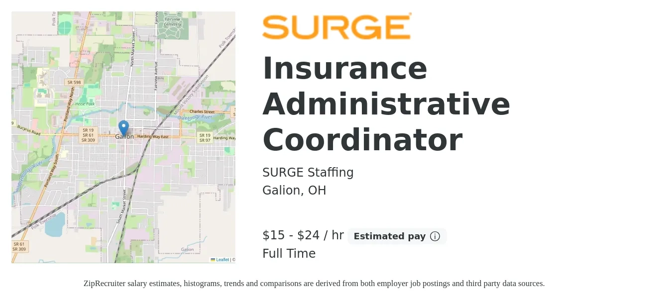 SURGE Staffing job posting for a Insurance Administrative Coordinator in Galion, OH with a salary of $16 to $25 Hourly with a map of Galion location.