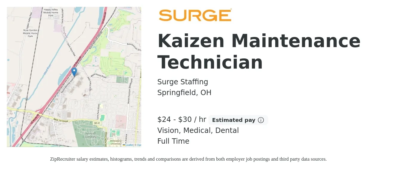 Surge Staffing job posting for a Kaizen Maintenance Technician in Springfield, OH with a salary of $25 to $32 Hourly and benefits including dental, life_insurance, medical, retirement, and vision with a map of Springfield location.