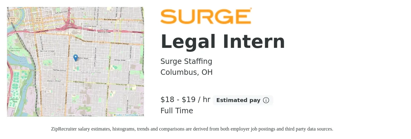 Surge Staffing job posting for a Legal Intern in Columbus, OH with a salary of $19 to $20 Hourly with a map of Columbus location.