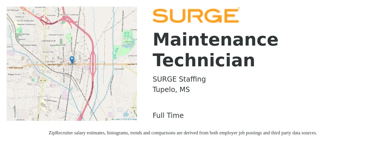 SURGE Staffing job posting for a Maintenance Technician in Tupelo, MS with a salary of $400 Weekly with a map of Tupelo location.