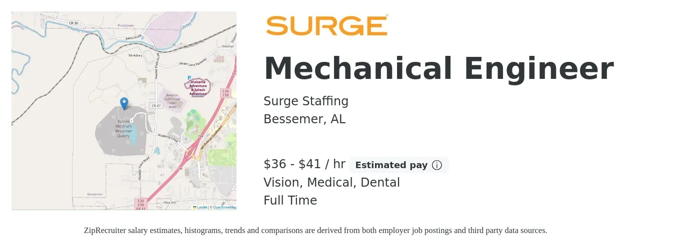 Surge Staffing job posting for a Mechanical Engineer in Bessemer, AL with a salary of $38 to $43 Hourly and benefits including dental, life_insurance, medical, pto, retirement, and vision with a map of Bessemer location.