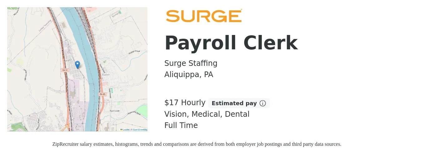 Surge Staffing job posting for a Payroll Clerk in Aliquippa, PA with a salary of $18 Hourly and benefits including vision, dental, life_insurance, medical, pto, and retirement with a map of Aliquippa location.