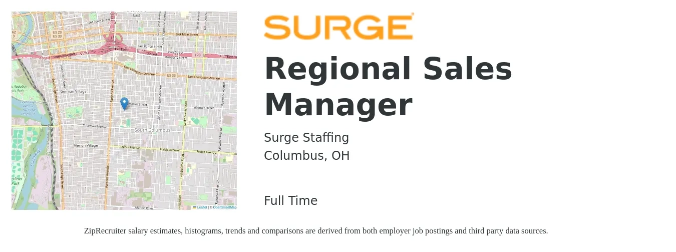 Surge Staffing job posting for a Regional Sales Manager in Columbus, OH with a salary of $67,600 to $105,700 Yearly with a map of Columbus location.