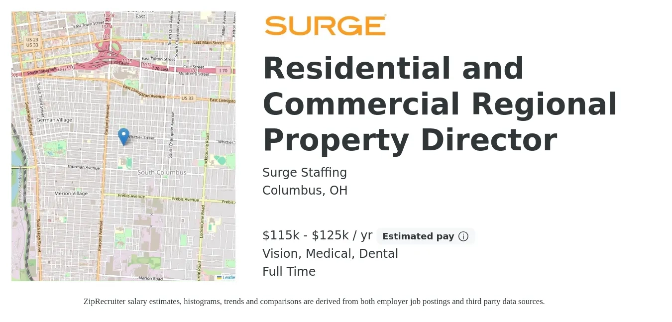Surge Staffing job posting for a Residential and Commercial Regional Property Director in Columbus, OH with a salary of $115,000 to $125,000 Yearly and benefits including dental, life_insurance, medical, pto, retirement, and vision with a map of Columbus location.