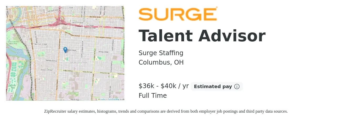 Surge Staffing job posting for a Talent Advisor in Columbus, OH with a salary of $36,000 to $40,000 Yearly with a map of Columbus location.