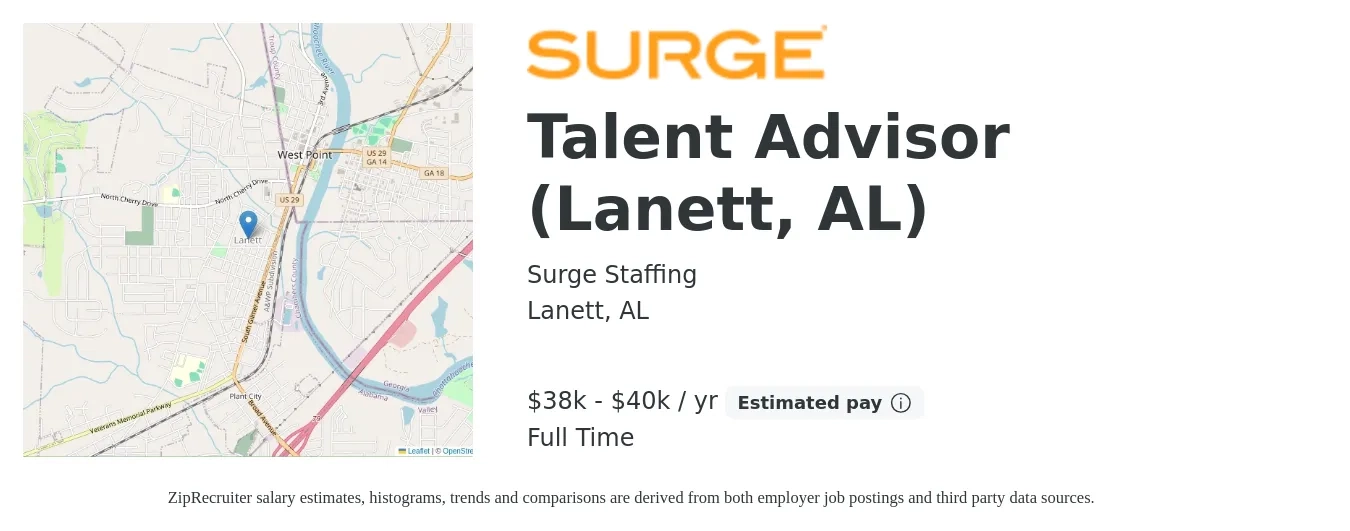 Surge Staffing job posting for a Talent Advisor (Lanett, AL) in Lanett, AL with a salary of $38,000 to $40,000 Yearly with a map of Lanett location.
