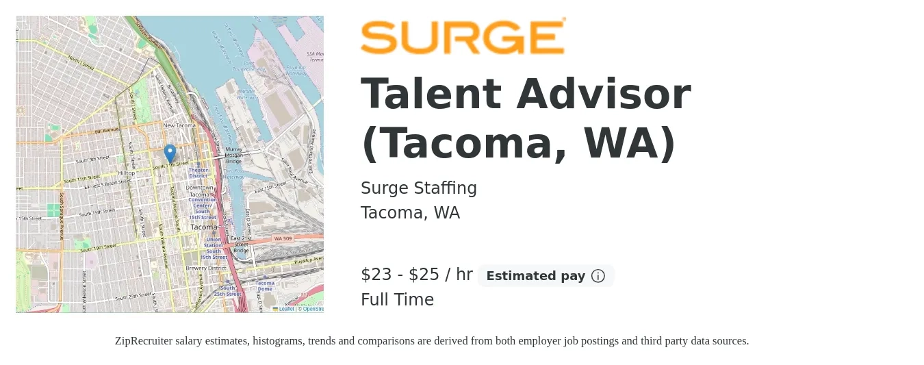 Surge Staffing job posting for a Talent Advisor (Tacoma, WA) in Tacoma, WA with a salary of $24 to $26 Hourly with a map of Tacoma location.