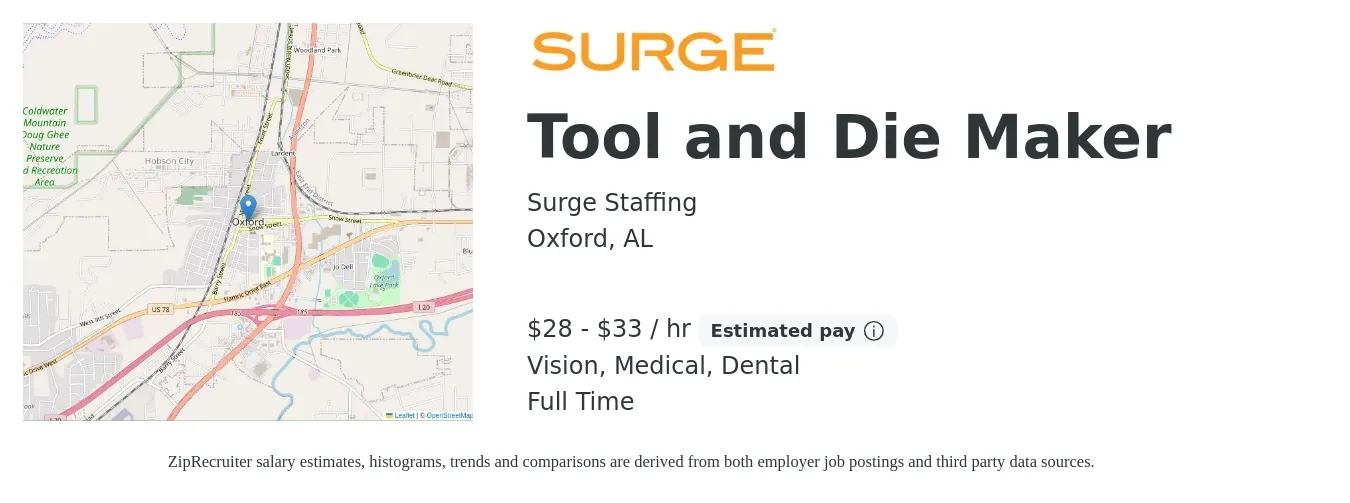 Surge Staffing job posting for a Tool and Die Maker in Oxford, AL with a salary of $30 to $35 Hourly and benefits including vision, dental, life_insurance, medical, pto, and retirement with a map of Oxford location.