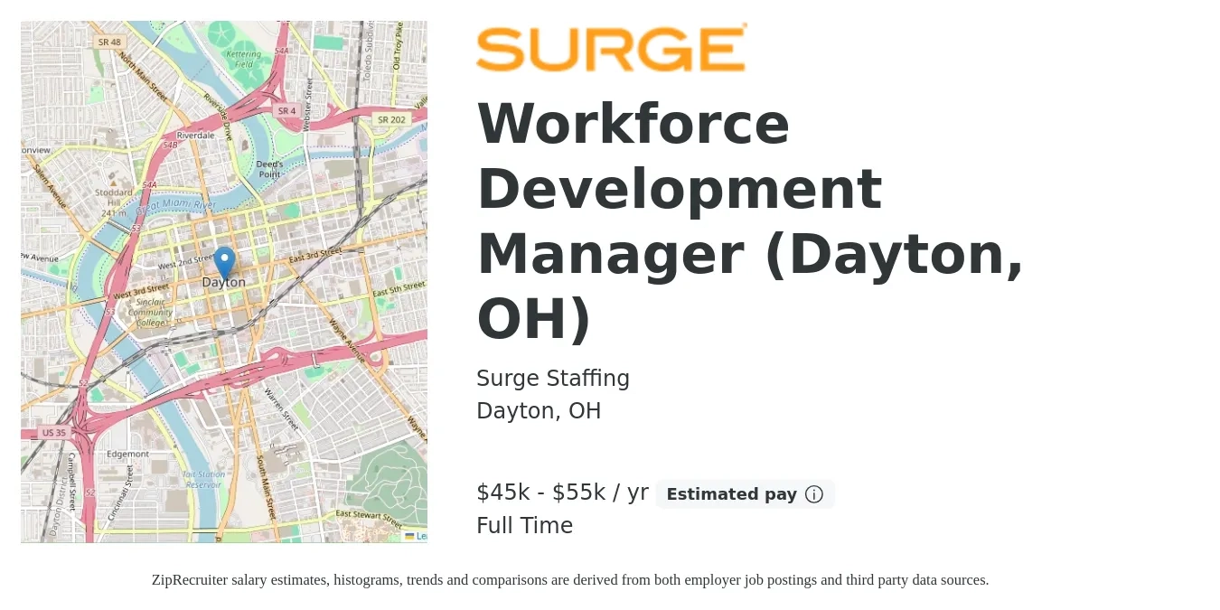 Surge Staffing job posting for a Workforce Development Manager (Dayton, OH) in Dayton, OH with a salary of $45,000 to $55,000 Yearly with a map of Dayton location.