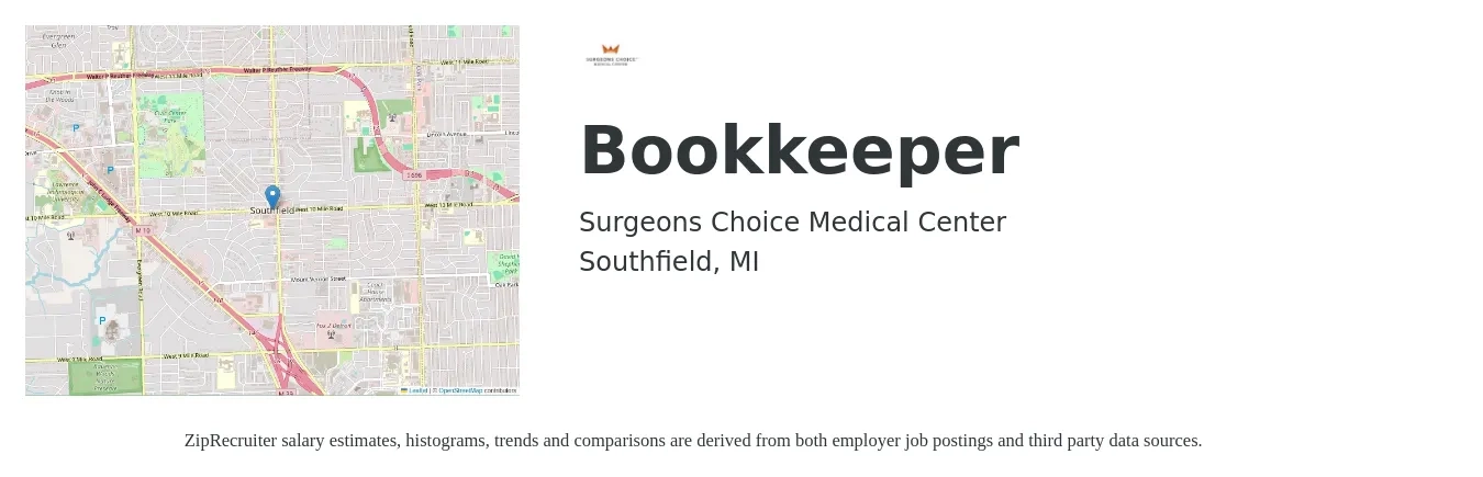Surgeons Choice Medical Center job posting for a Bookkeeper in Southfield, MI with a salary of $19 to $26 Hourly with a map of Southfield location.