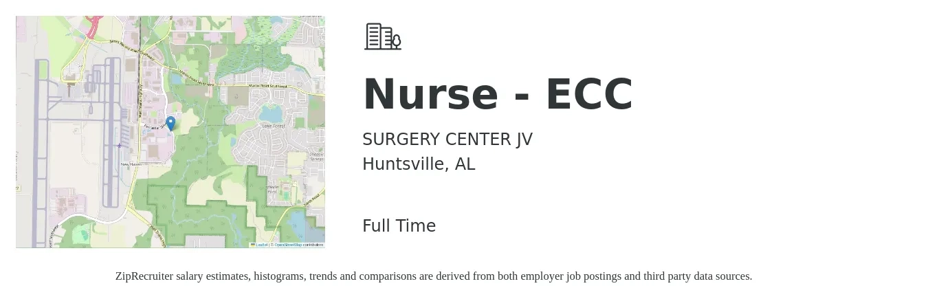 SURGERY CENTER JV job posting for a Nurse - ECC in Huntsville, AL with a salary of $30 to $44 Hourly with a map of Huntsville location.