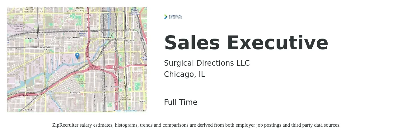 Surgical Directions LLC job posting for a Sales Executive in Chicago, IL with a salary of $58,800 to $101,000 Yearly with a map of Chicago location.