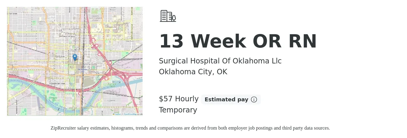 Surgical Hospital Of Oklahoma Llc job posting for a 13 Week OR RN in Oklahoma City, OK with a salary of $60 Hourly with a map of Oklahoma City location.