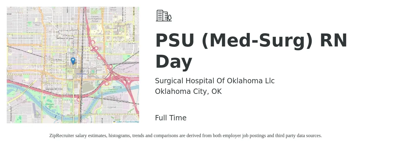 Surgical Hospital Of Oklahoma Llc job posting for a PSU (Med-Surg) RN Day in Oklahoma City, OK with a salary of $5,000 Weekly with a map of Oklahoma City location.