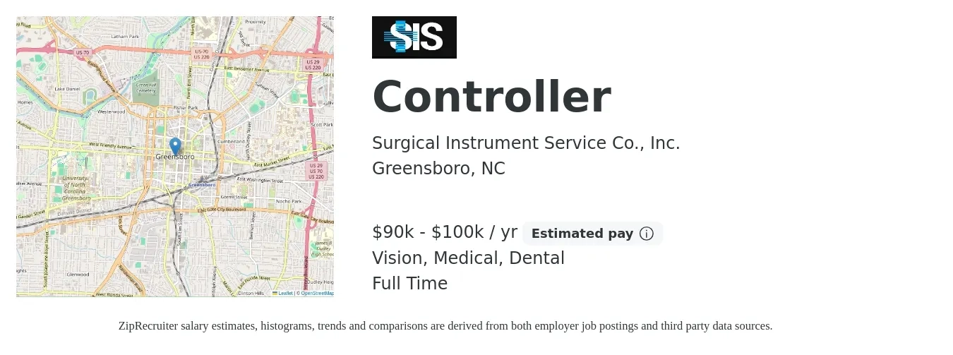 Surgical Instrument Service Co., Inc. job posting for a Controller in Greensboro, NC with a salary of $90,000 to $100,000 Yearly and benefits including dental, life_insurance, medical, pto, retirement, and vision with a map of Greensboro location.