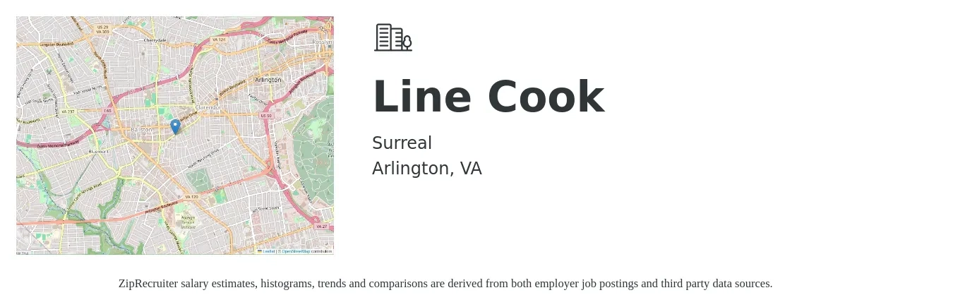 Surreal job posting for a Line Cook in Arlington, VA with a salary of $18 to $23 Hourly with a map of Arlington location.