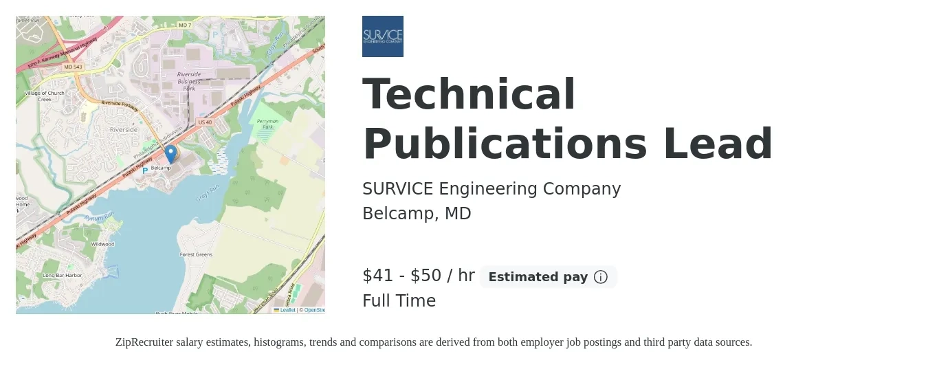 SURVICE Engineering Company job posting for a Technical Publications Lead in Belcamp, MD with a salary of $90,000 to $110,000 Yearly with a map of Belcamp location.