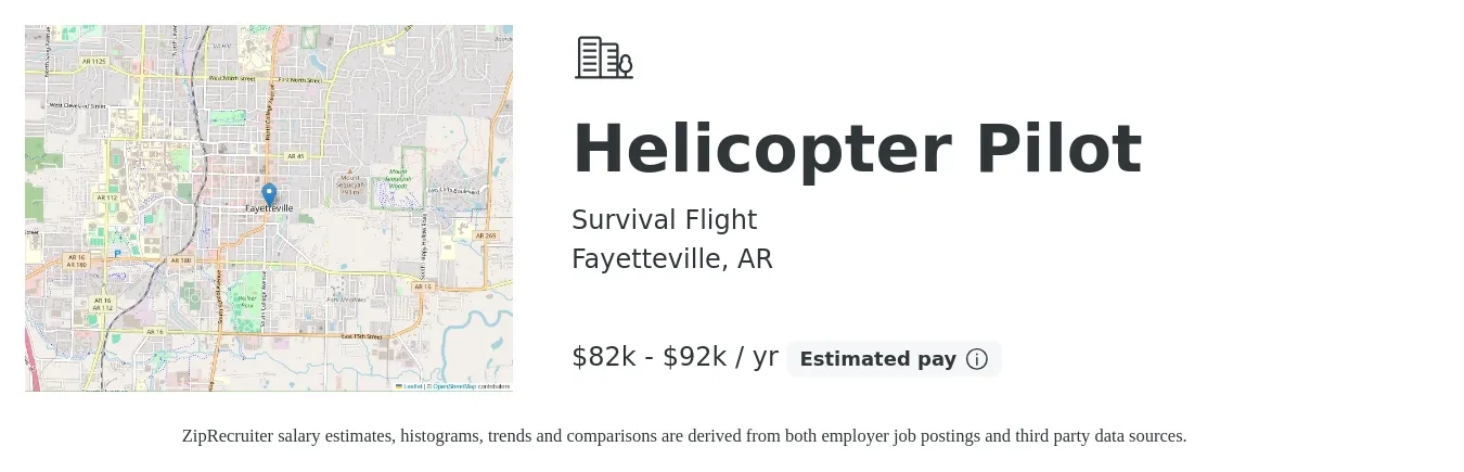 Survival Flight job posting for a Helicopter Pilot in Fayetteville, AR with a salary of $82,000 to $92,000 Yearly with a map of Fayetteville location.
