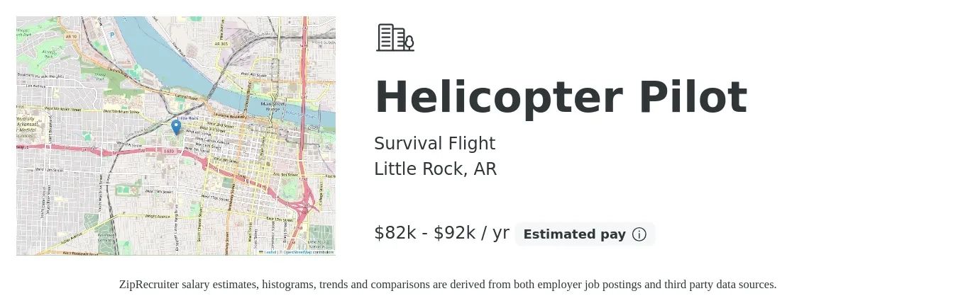 Survival Flight job posting for a Helicopter Pilot in Little Rock, AR with a salary of $82,000 to $92,000 Yearly with a map of Little Rock location.