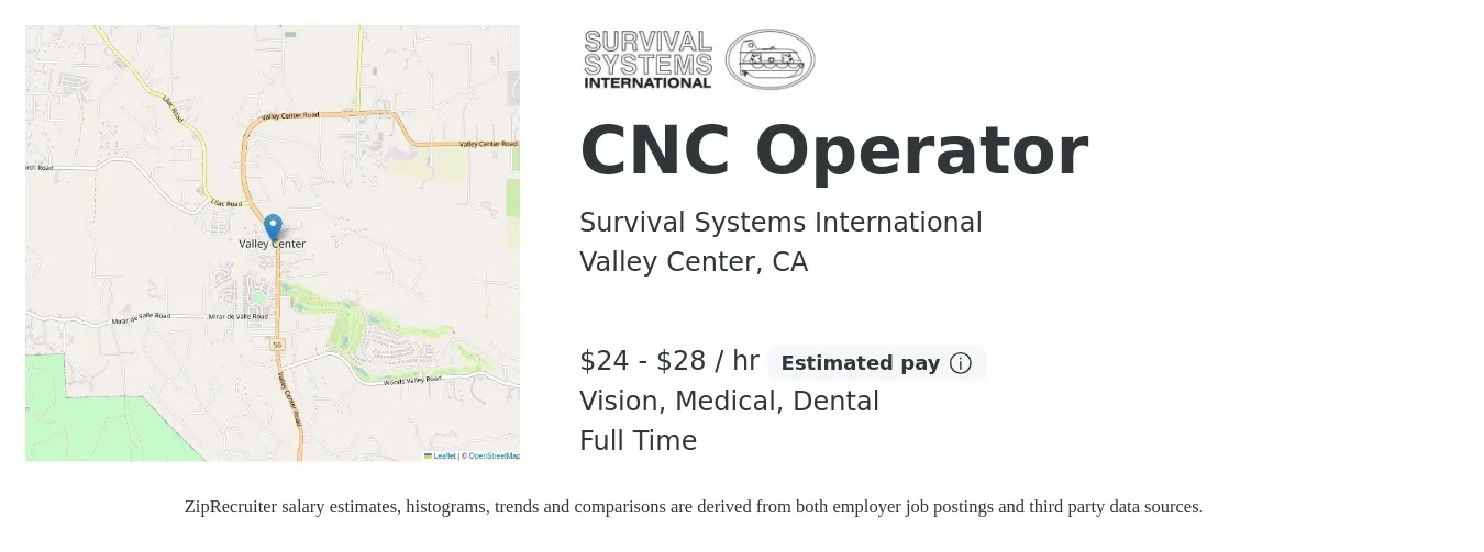 Survival Systems International job posting for a CNC Operator in Valley Center, CA with a salary of $25 to $30 Hourly and benefits including dental, life_insurance, medical, retirement, and vision with a map of Valley Center location.
