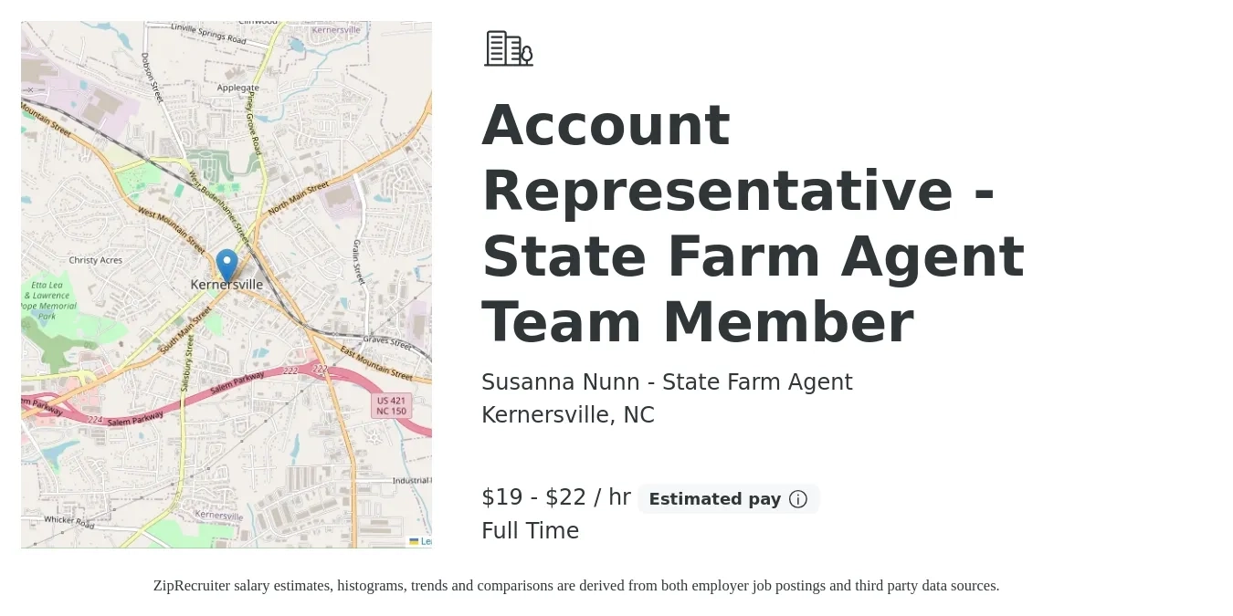Susanna Nunn - State Farm Agent job posting for a Account Representative - State Farm Agent Team Member in Kernersville, NC with a salary of $20 to $23 Hourly with a map of Kernersville location.