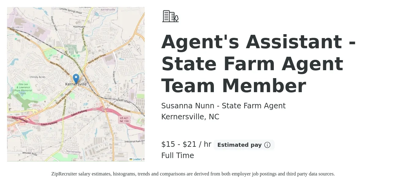 Susanna Nunn - State Farm Agent job posting for a Agent's Assistant - State Farm Agent Team Member in Kernersville, NC with a salary of $16 to $22 Hourly with a map of Kernersville location.