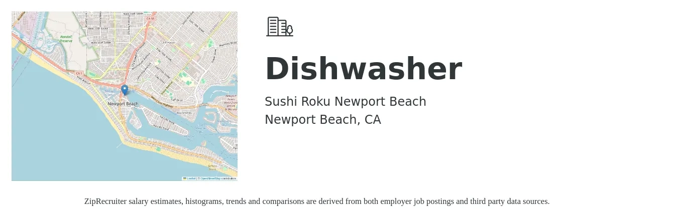 Sushi Roku Newport Beach job posting for a Dishwasher in Newport Beach, CA with a salary of $14 to $18 Hourly with a map of Newport Beach location.