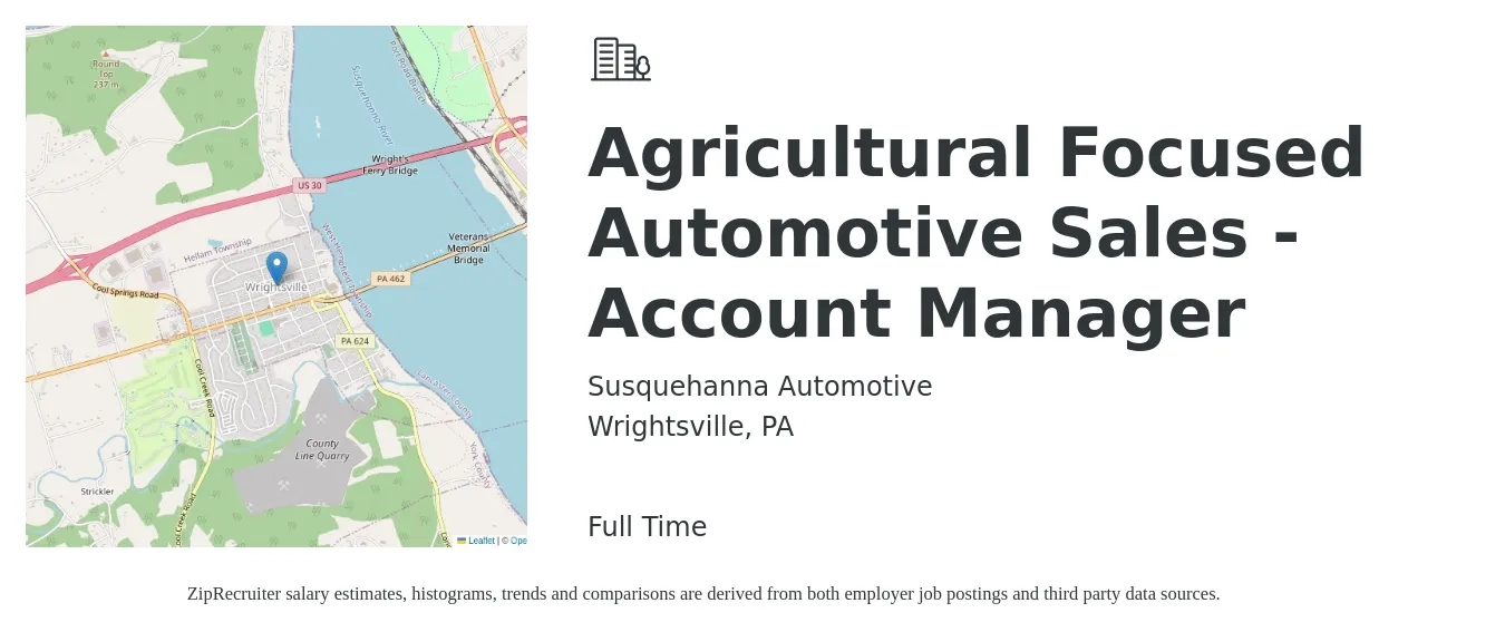 Susquehanna Automotive job posting for a Agricultural Focused Automotive Sales - Account Manager in Wrightsville, PA with a salary of $85,000 to $100,000 Yearly with a map of Wrightsville location.