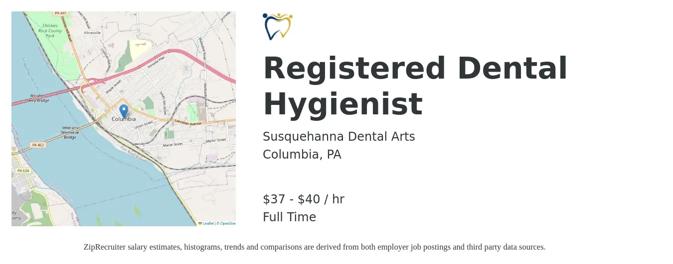 Susquehanna Dental Arts job posting for a Registered Dental Hygienist in Columbia, PA with a salary of $39 to $42 Hourly with a map of Columbia location.