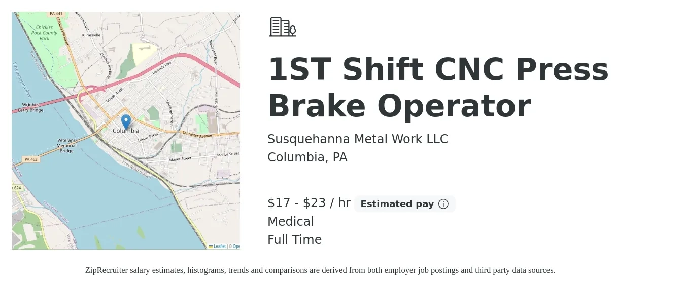 Susquehanna Metal Work LLC job posting for a 1ST Shift CNC Press Brake Operator in Columbia, PA with a salary of $18 to $24 Hourly and benefits including life_insurance, medical, pto, and retirement with a map of Columbia location.
