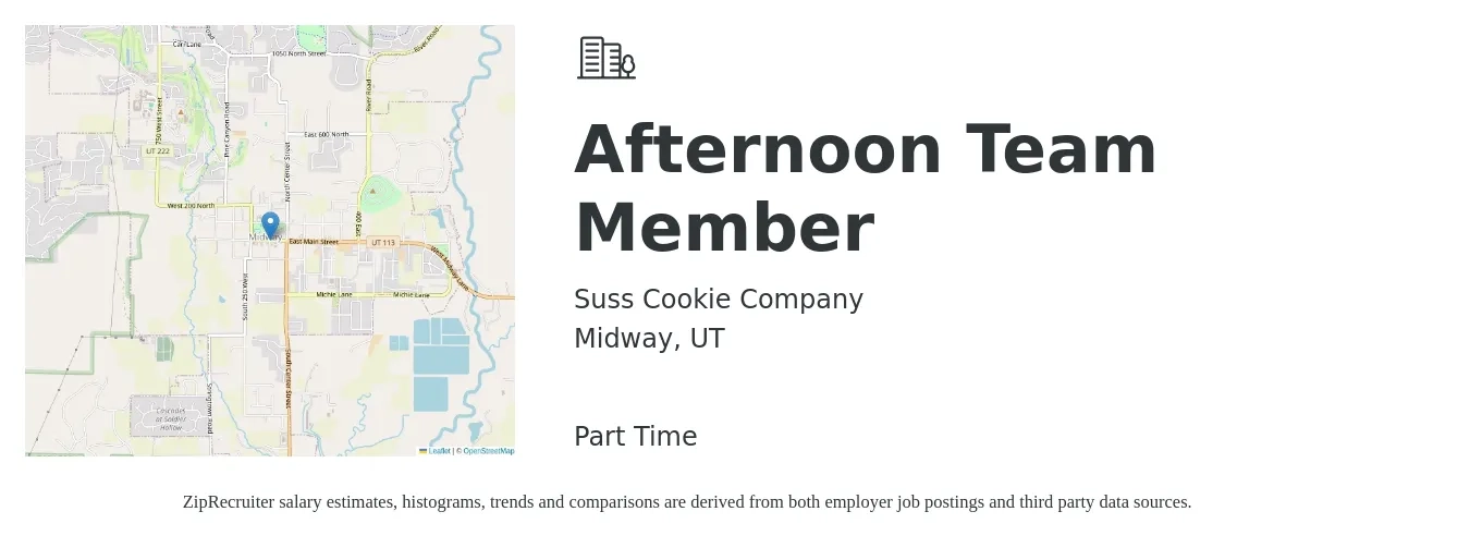 Suss Cookie Company job posting for a Afternoon Team Member in Midway, UT with a salary of $12 to $15 Hourly with a map of Midway location.