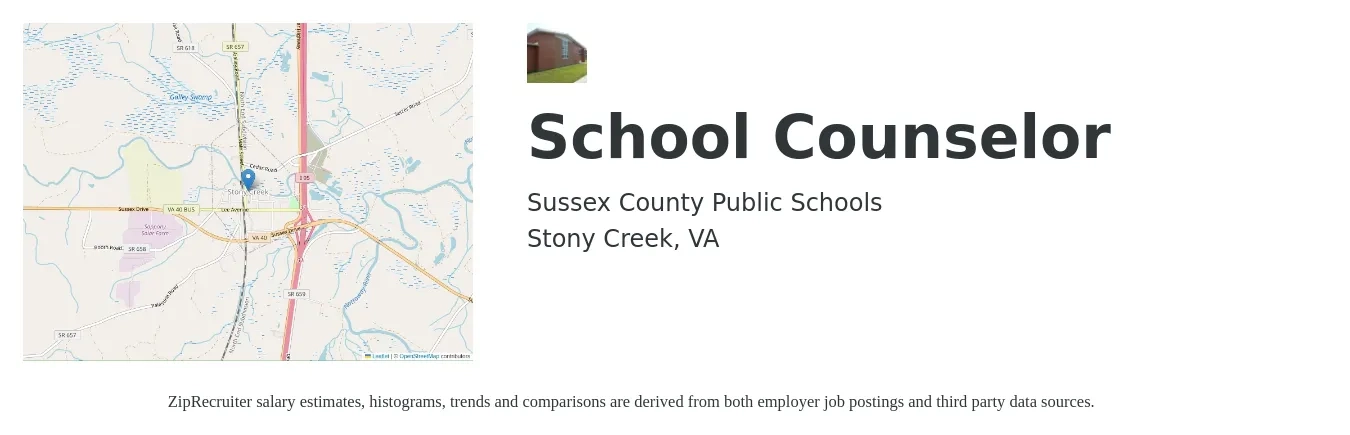 Sussex County Public Schools job posting for a School Counselor in Stony Creek, VA with a salary of $45,200 to $65,400 Yearly with a map of Stony Creek location.