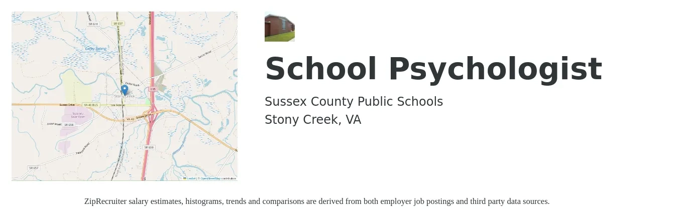 Sussex County Public Schools job posting for a School Psychologist in Stony Creek, VA with a salary of $51,020 to $82,134 Yearly with a map of Stony Creek location.