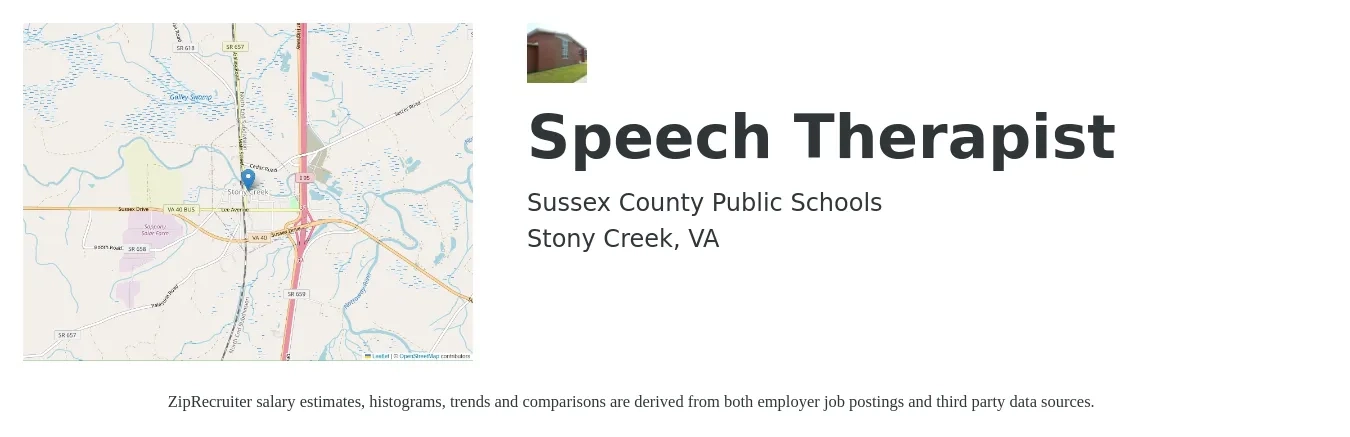 Sussex County Public Schools job posting for a Speech Therapist in Stony Creek, VA with a salary of $46,381 to $75,072 Yearly with a map of Stony Creek location.