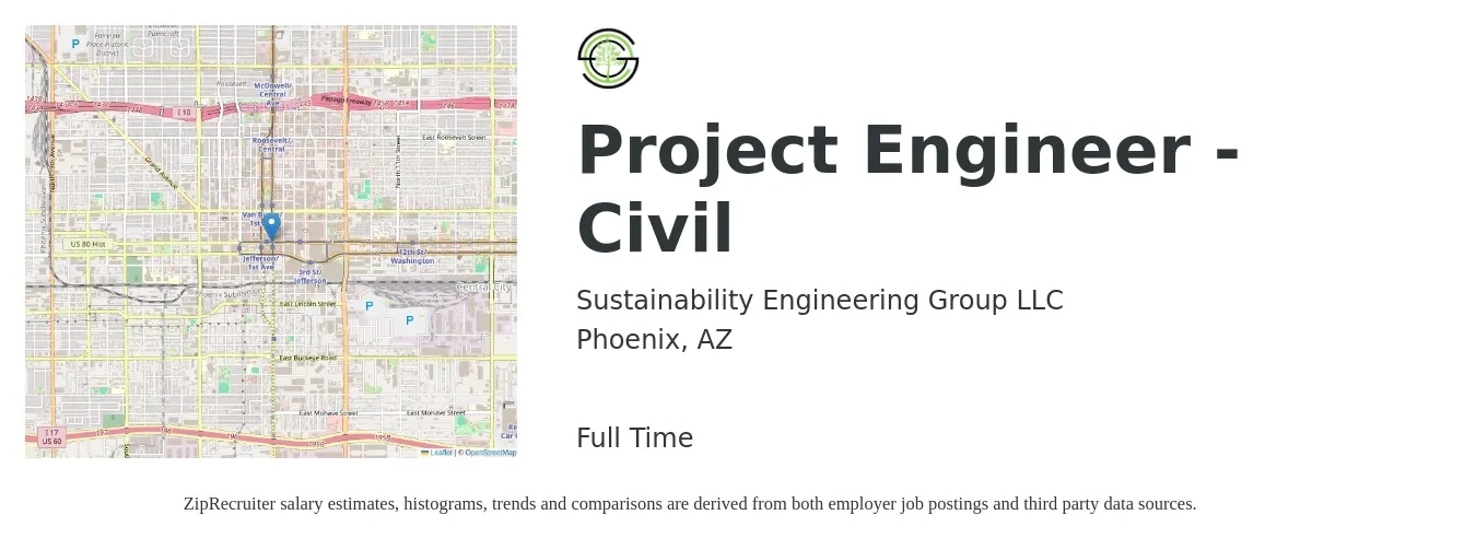 Sustainability Engineering Group LLC job posting for a Project Engineer - Civil in Phoenix, AZ with a salary of $77,500 to $103,400 Yearly with a map of Phoenix location.