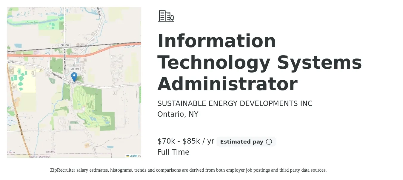 SUSTAINABLE ENERGY DEVELOPMENTS INC job posting for a Information Technology Systems Administrator in Ontario, NY with a salary of $70,000 to $85,000 Yearly with a map of Ontario location.