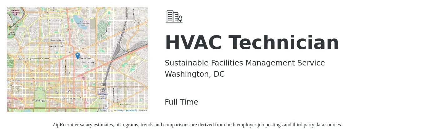 Sustainable Facilities Management Service job posting for a HVAC Technician in Washington, DC with a salary of $24 to $35 Hourly with a map of Washington location.