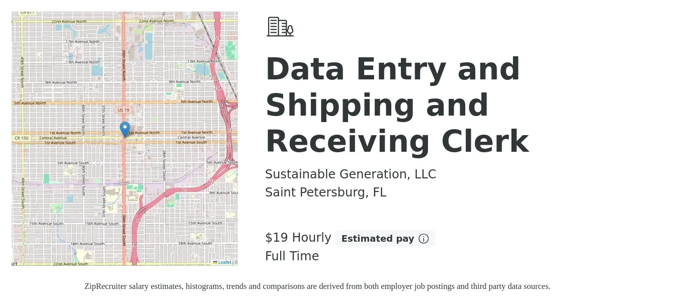 Sustainable Generation, LLC job posting for a Data Entry and Shipping and Receiving Clerk in Saint Petersburg, FL with a salary of $20 Hourly and benefits including pto with a map of Saint Petersburg location.