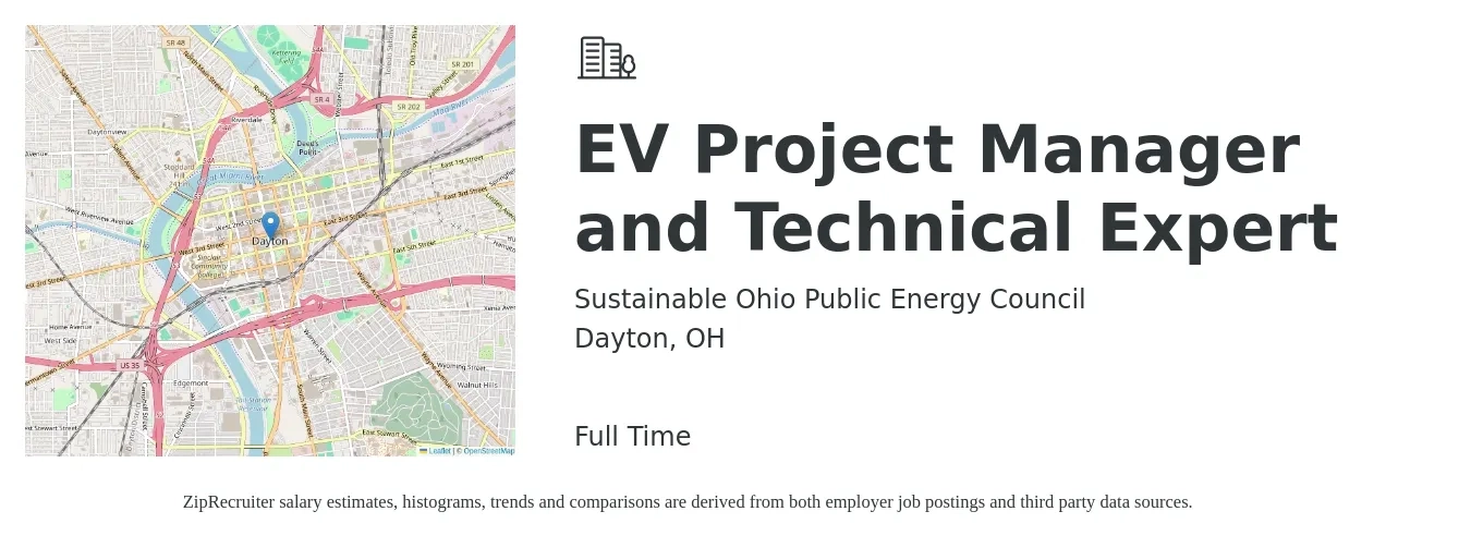 Sustainable Ohio Public Energy Council job posting for a EV Project Manager and Technical Expert in Dayton, OH with a salary of $70,000 to $85,000 Yearly with a map of Dayton location.