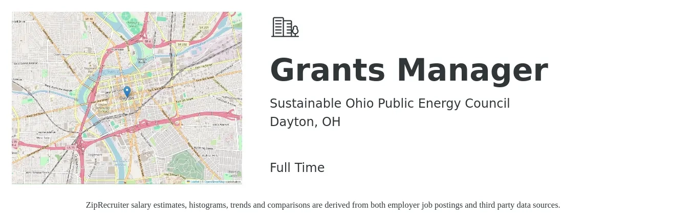 Sustainable Ohio Public Energy Council job posting for a Grants Manager in Dayton, OH with a salary of $60,300 to $83,600 Yearly with a map of Dayton location.