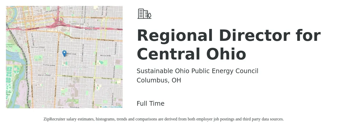 Sustainable Ohio Public Energy Council job posting for a Regional Director for Central Ohio in Columbus, OH with a salary of $70,000 to $95,000 Yearly with a map of Columbus location.